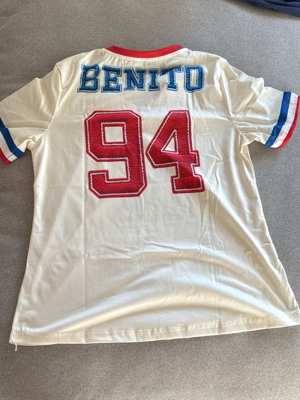 White Jersey Tee with 'BENITO' and Red 94 Applique